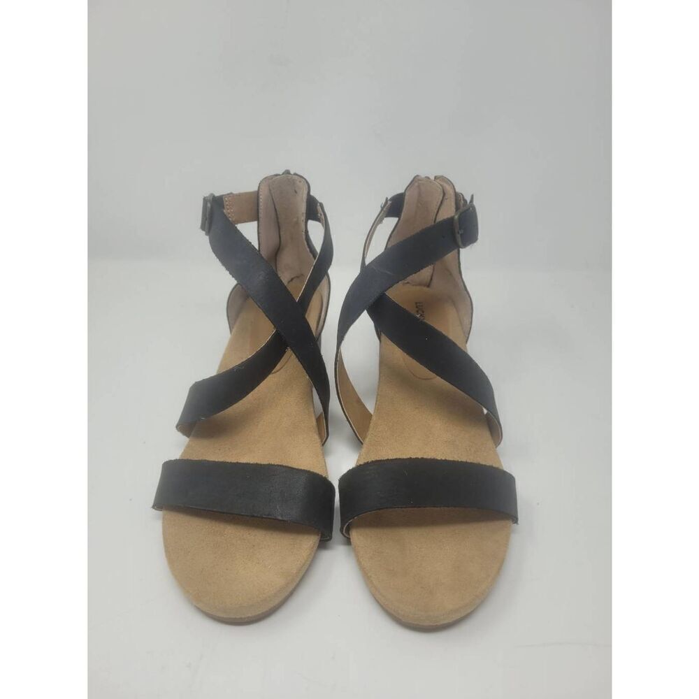 Lucky Brand Black Leather Zipper Up 2.5" Wedge Heels Strappy Sandal Size 8.5